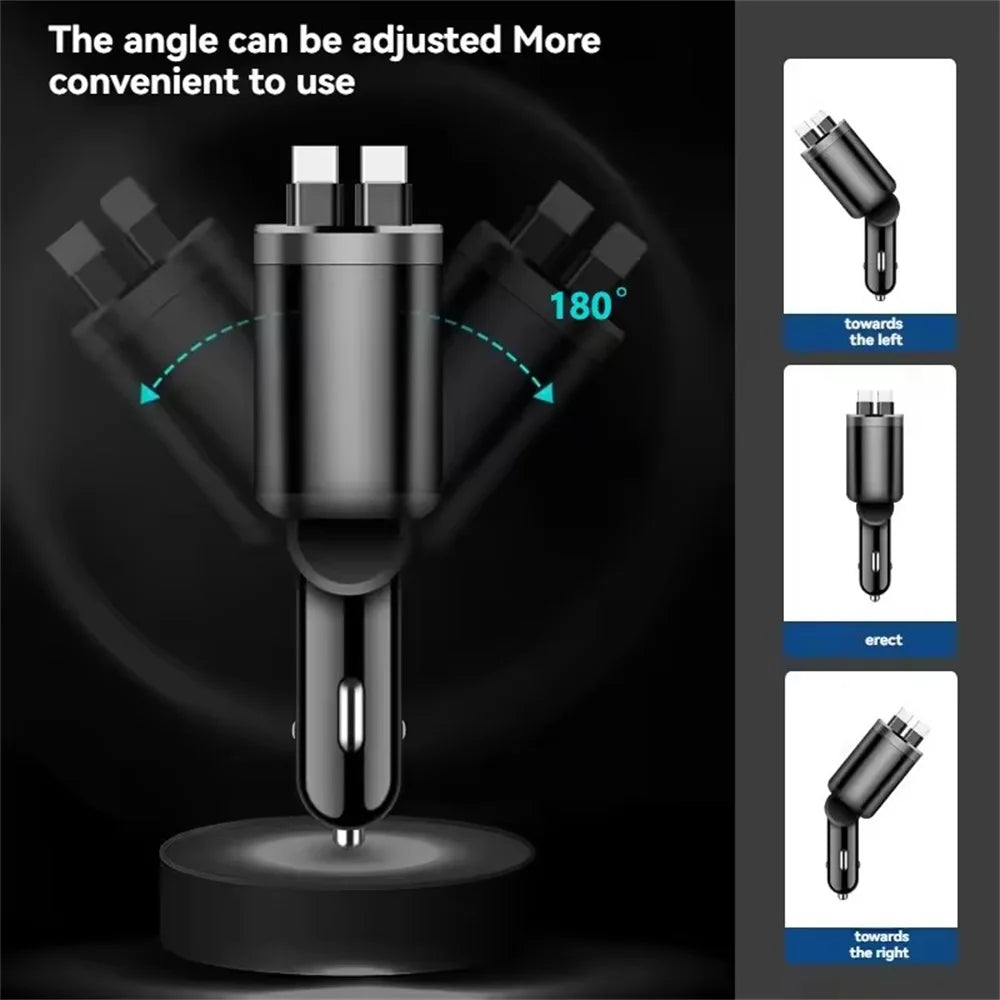 Ładowarka samochodowa 4 w 1 z zwijanym kablem, szybkim ładowaniem i podświetleniem – złącze USB-C i Lightning (iOS), adapter do gniazda zapalniczki (kompatybilny z iPhone i Samsung)