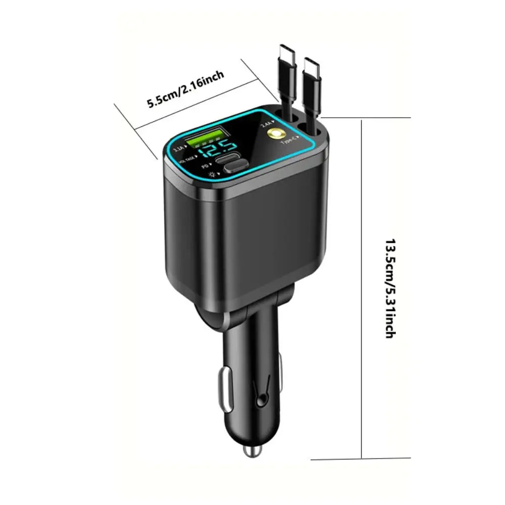 Ładowarka samochodowa 4 w 1 z zwijanym kablem, szybkim ładowaniem i podświetleniem – złącze USB-C i Lightning (iOS), adapter do gniazda zapalniczki (kompatybilny z iPhone i Samsung)