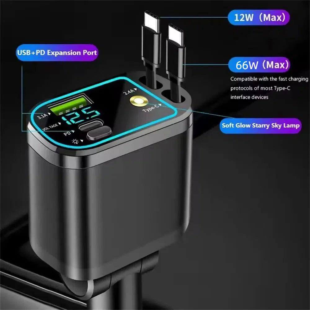 Ładowarka samochodowa 4 w 1 z zwijanym kablem, szybkim ładowaniem i podświetleniem – złącze USB-C i Lightning (iOS), adapter do gniazda zapalniczki (kompatybilny z iPhone i Samsung)