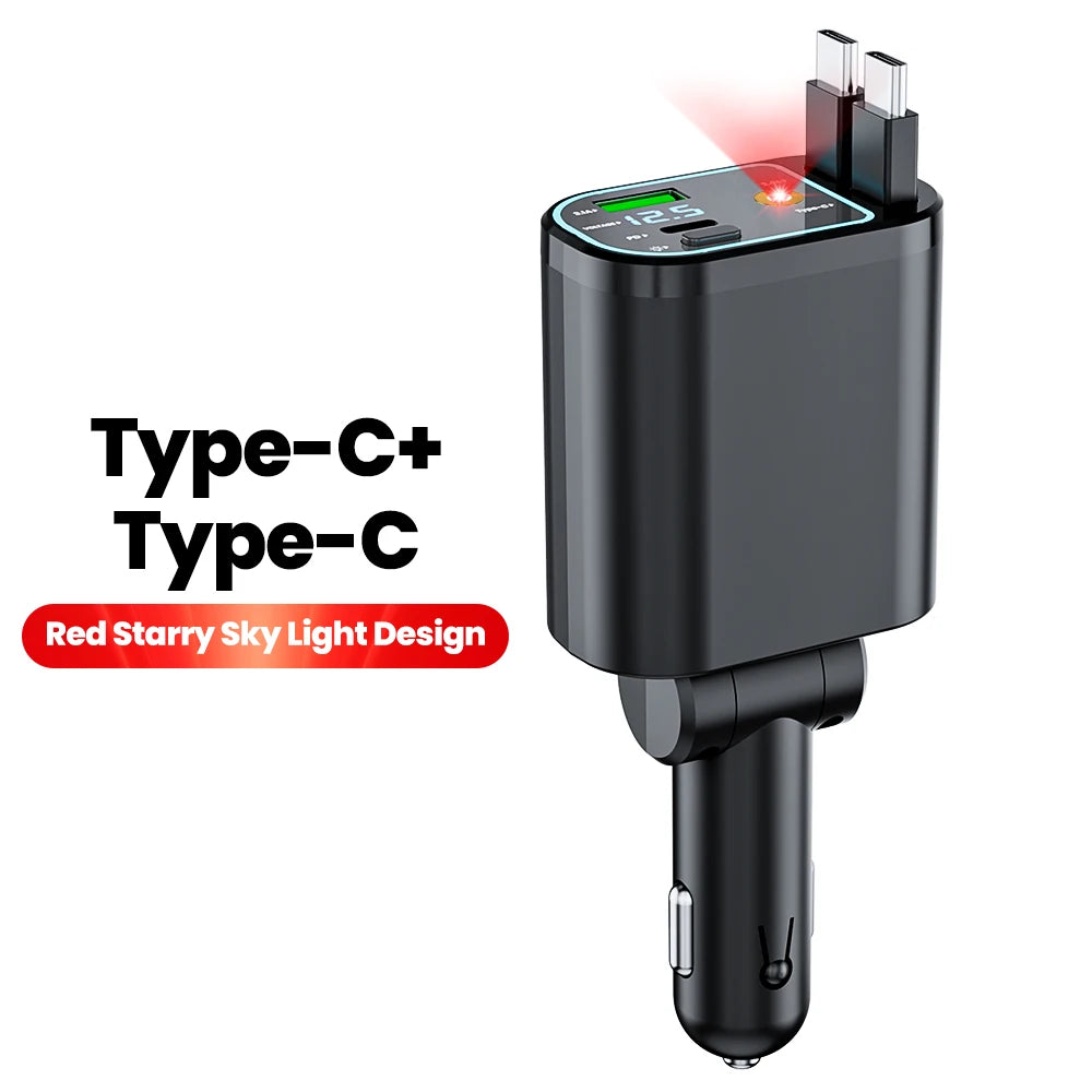 Ładowarka samochodowa 4 w 1 z zwijanym kablem, szybkim ładowaniem i podświetleniem – złącze USB-C i Lightning (iOS), adapter do gniazda zapalniczki (kompatybilny z iPhone i Samsung)