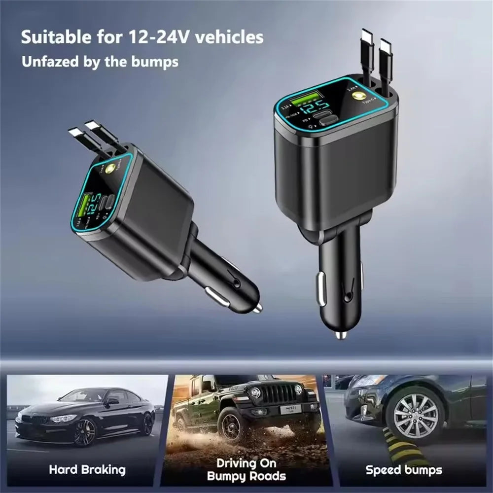 Ładowarka samochodowa 4 w 1 z zwijanym kablem, szybkim ładowaniem i podświetleniem – złącze USB-C i Lightning (iOS), adapter do gniazda zapalniczki (kompatybilny z iPhone i Samsung)