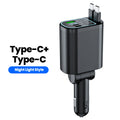 Ładowarka samochodowa 4 w 1 z zwijanym kablem, szybkim ładowaniem i podświetleniem – złącze USB-C i Lightning (iOS), adapter do gniazda zapalniczki (kompatybilny z iPhone i Samsung)