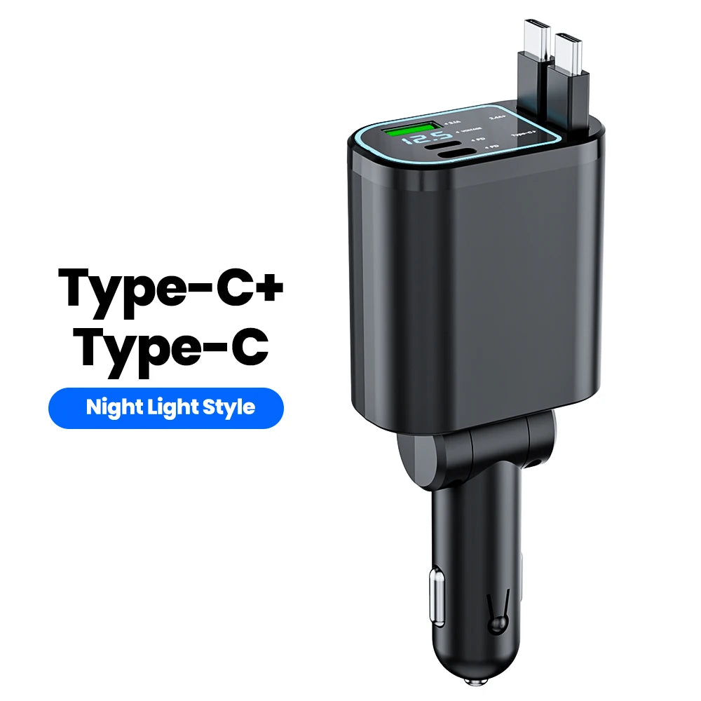 Ładowarka samochodowa 4 w 1 z zwijanym kablem, szybkim ładowaniem i podświetleniem – złącze USB-C i Lightning (iOS), adapter do gniazda zapalniczki (kompatybilny z iPhone i Samsung)